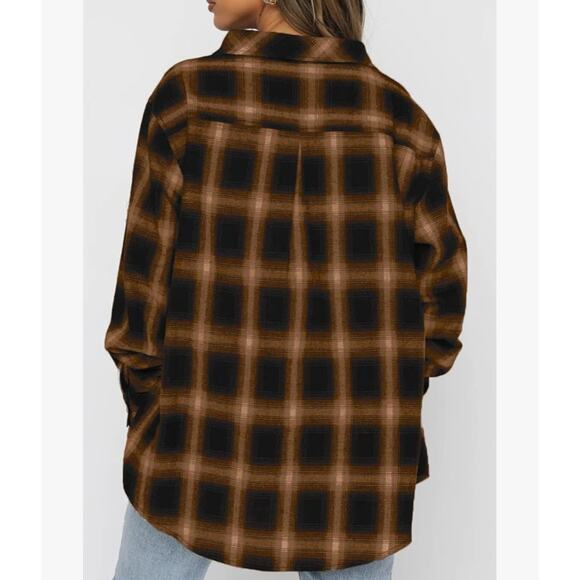 New Chyrii Womens Boyfriends Flannel Shirt Medium Black Brown Plaid Button Down - Picture 5 of 8